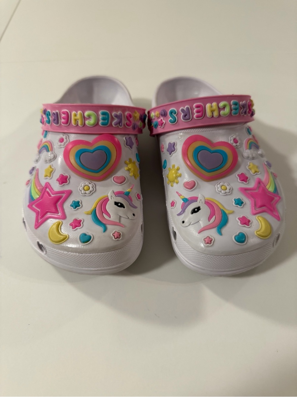 Skechers Girls Light Up Unicorn Rainbow Clogs Sandals Pink White Hearts Stars